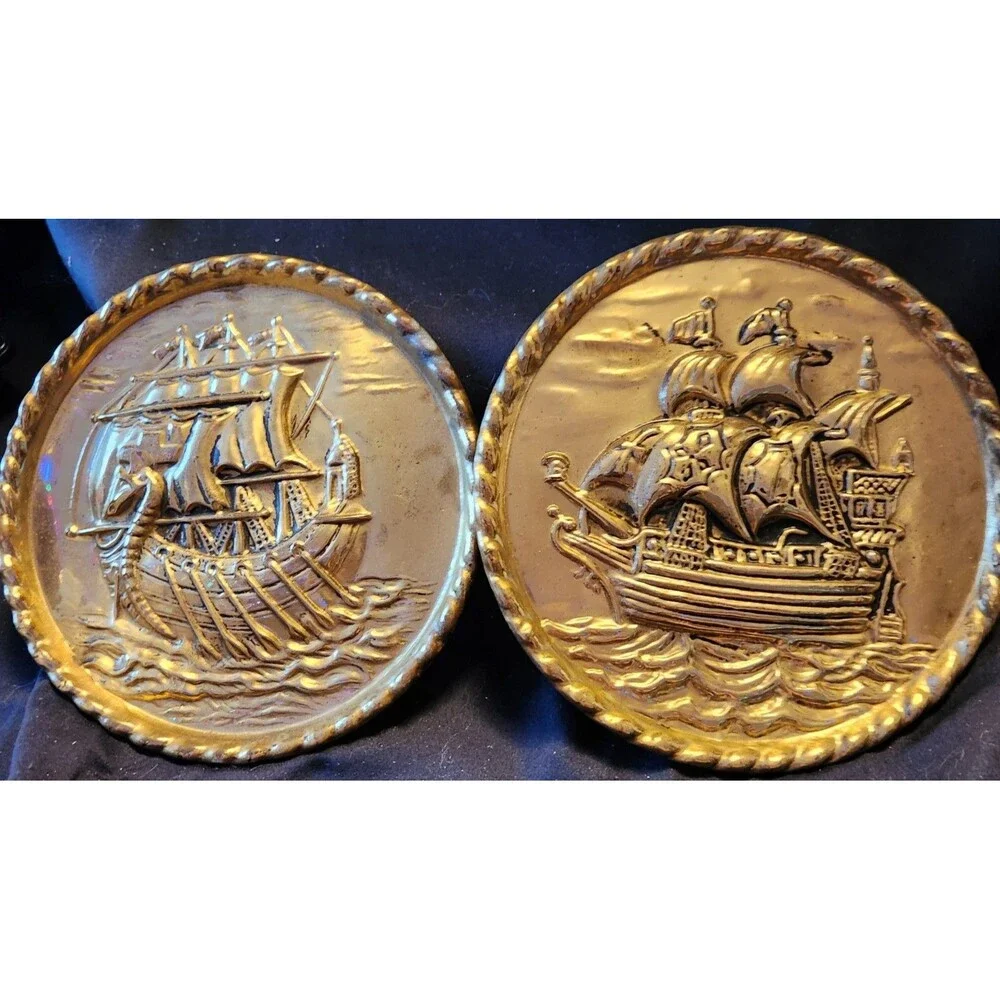 2 Vintage Embossed Brass Wall Decor w/  Sailing Ships & Seagulls 8” England